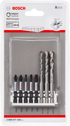 Set di punte da trapano e punte a percussione in ceramica Bosch Hex-9, 8 pezzi.